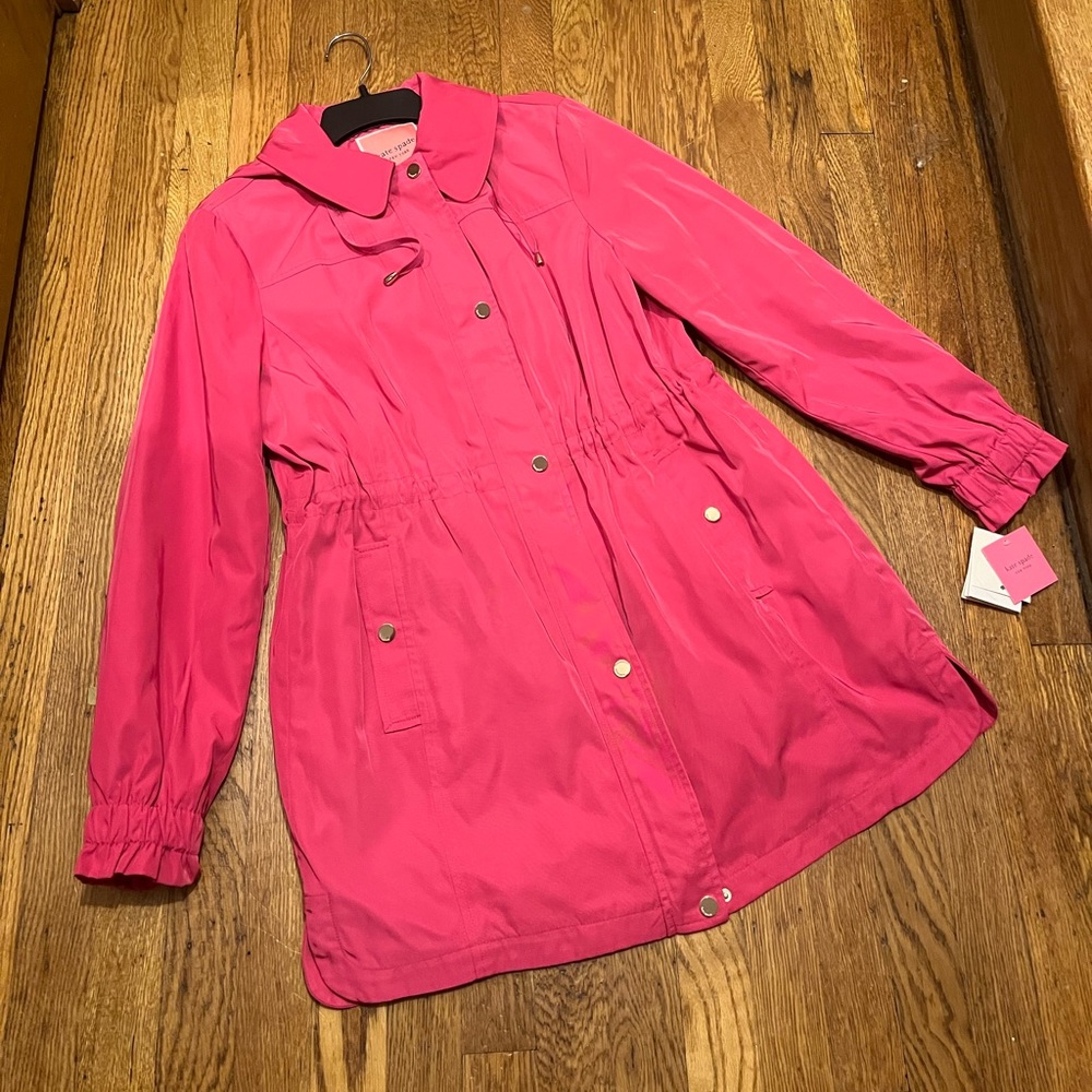KATE SPADE Pink with Gold Accent Drawcord Ruffle Sleeve Anorak Detachable Hood